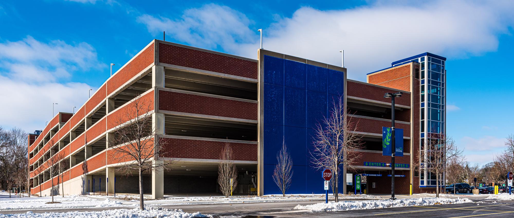 Aurora University Parking Deck, one corner view.