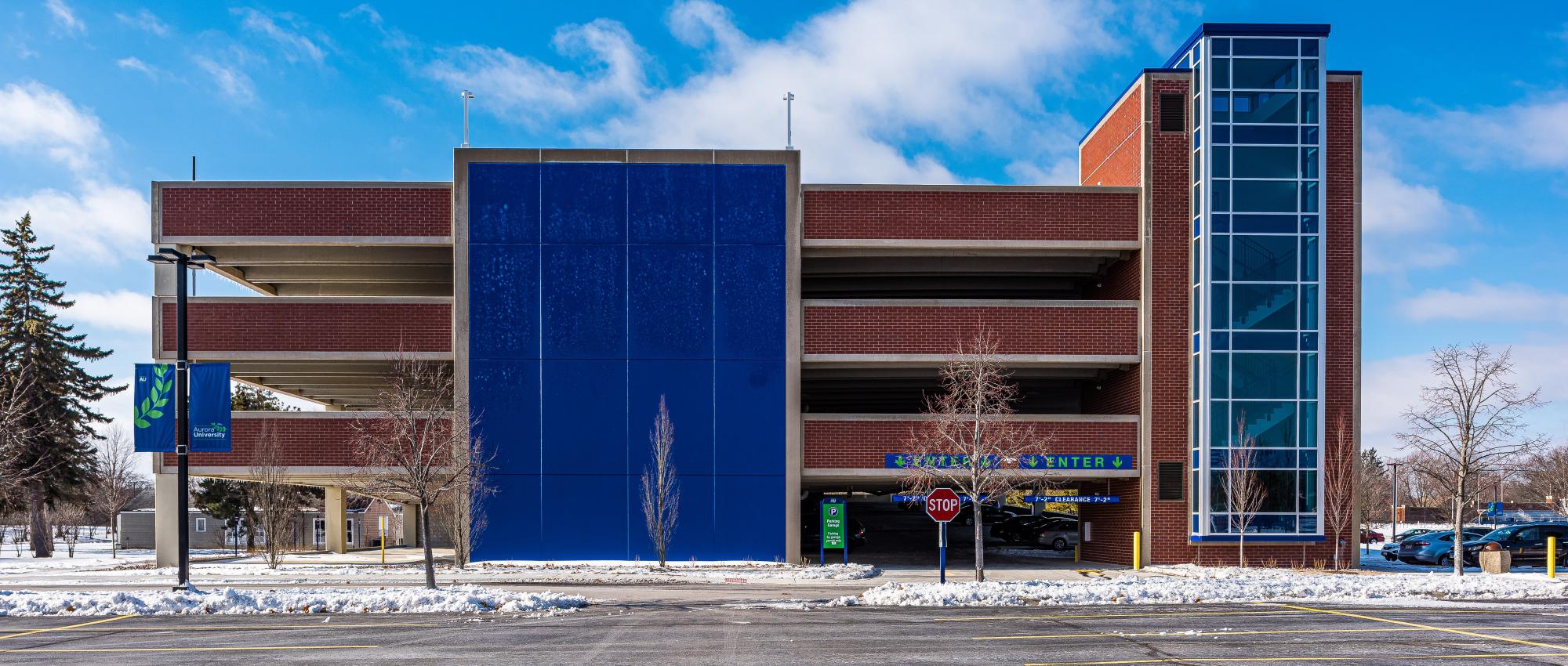 Aurora University Parking Deck, straight on front view.